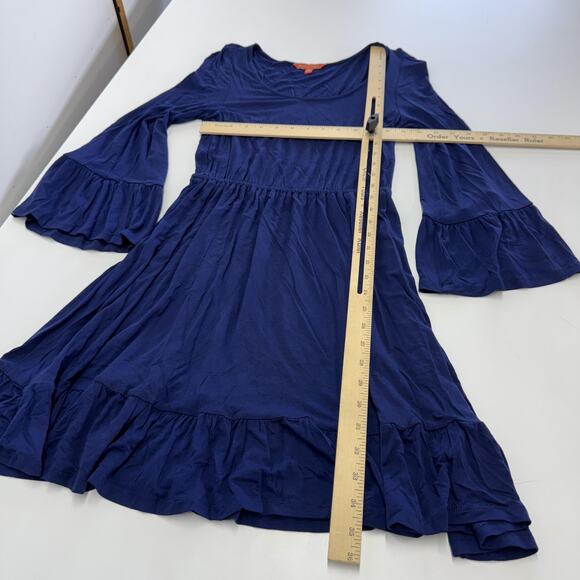 ModCloth Dress Womens XS Navy Blue Flare Bell Sleeve Ruffle Hem Rayon Stretch - Picture 6 of 6